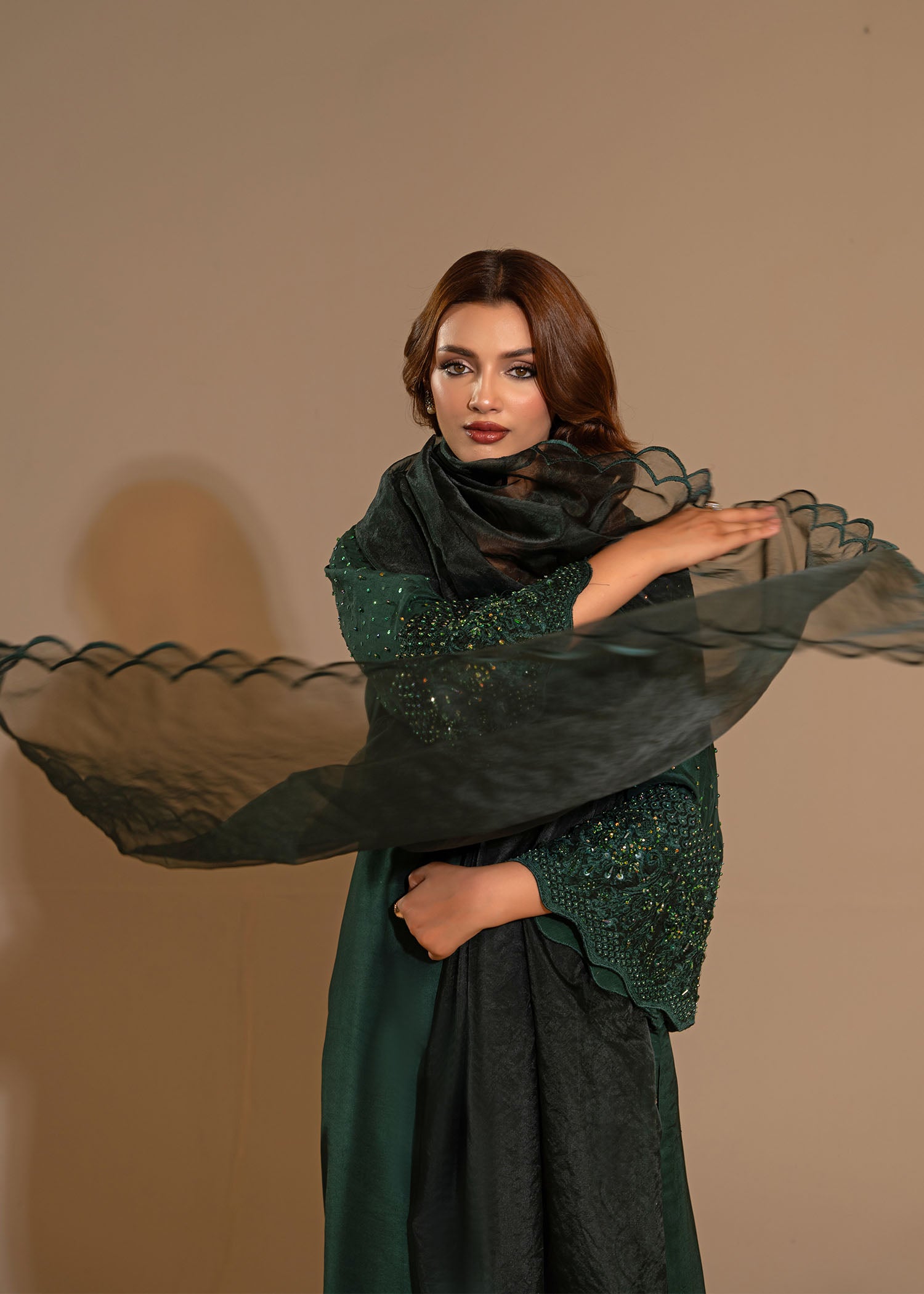 Pakistani Bottle Green Embellished Thai Silk Salwar Kameez (3-Piece) - Image 3