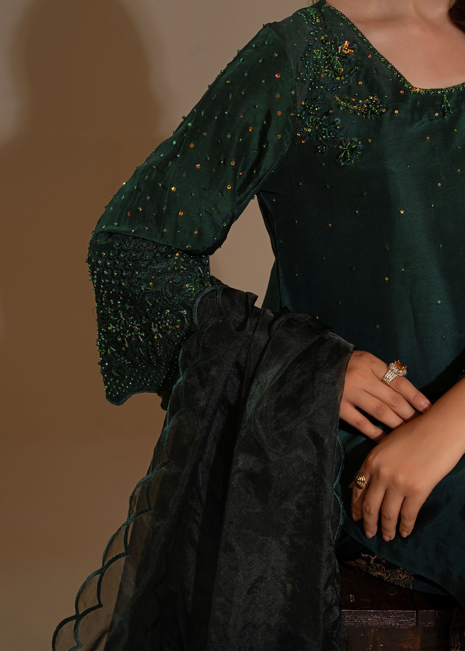 Pakistani Bottle Green Embellished Thai Silk Salwar Kameez (3-Piece) - Image 4