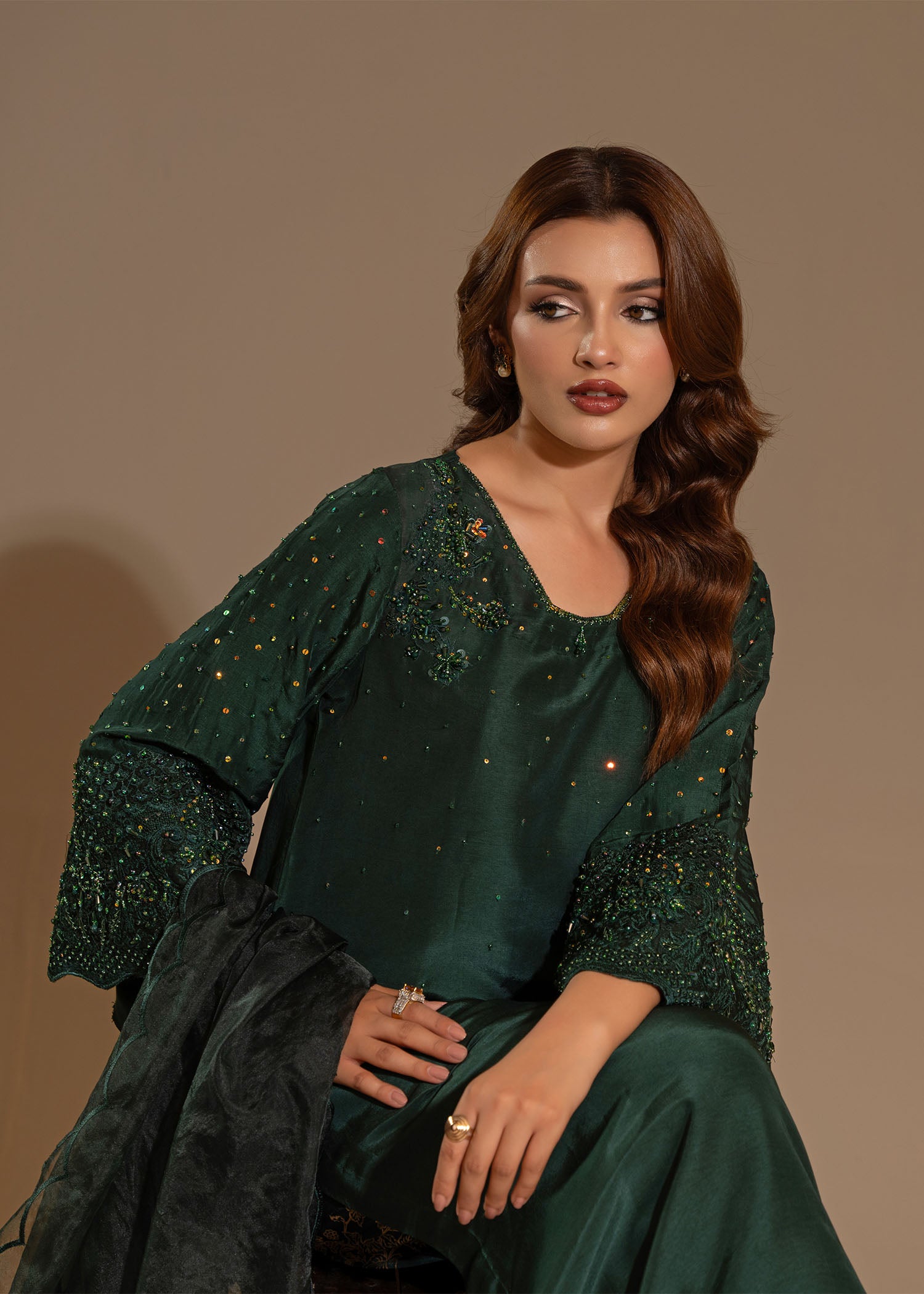 Pakistani Bottle Green Embellished Thai Silk Salwar Kameez (3-Piece) - Image 5