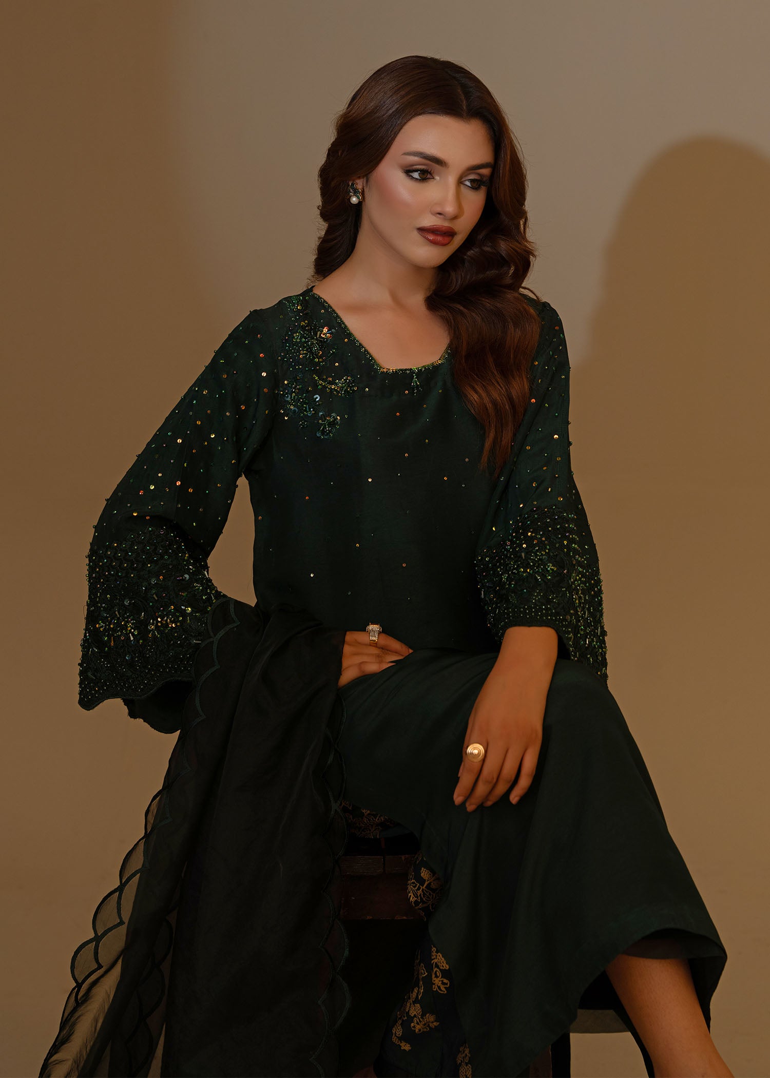 Pakistani Bottle Green Embellished Thai Silk Salwar Kameez (3-Piece) - Image 6