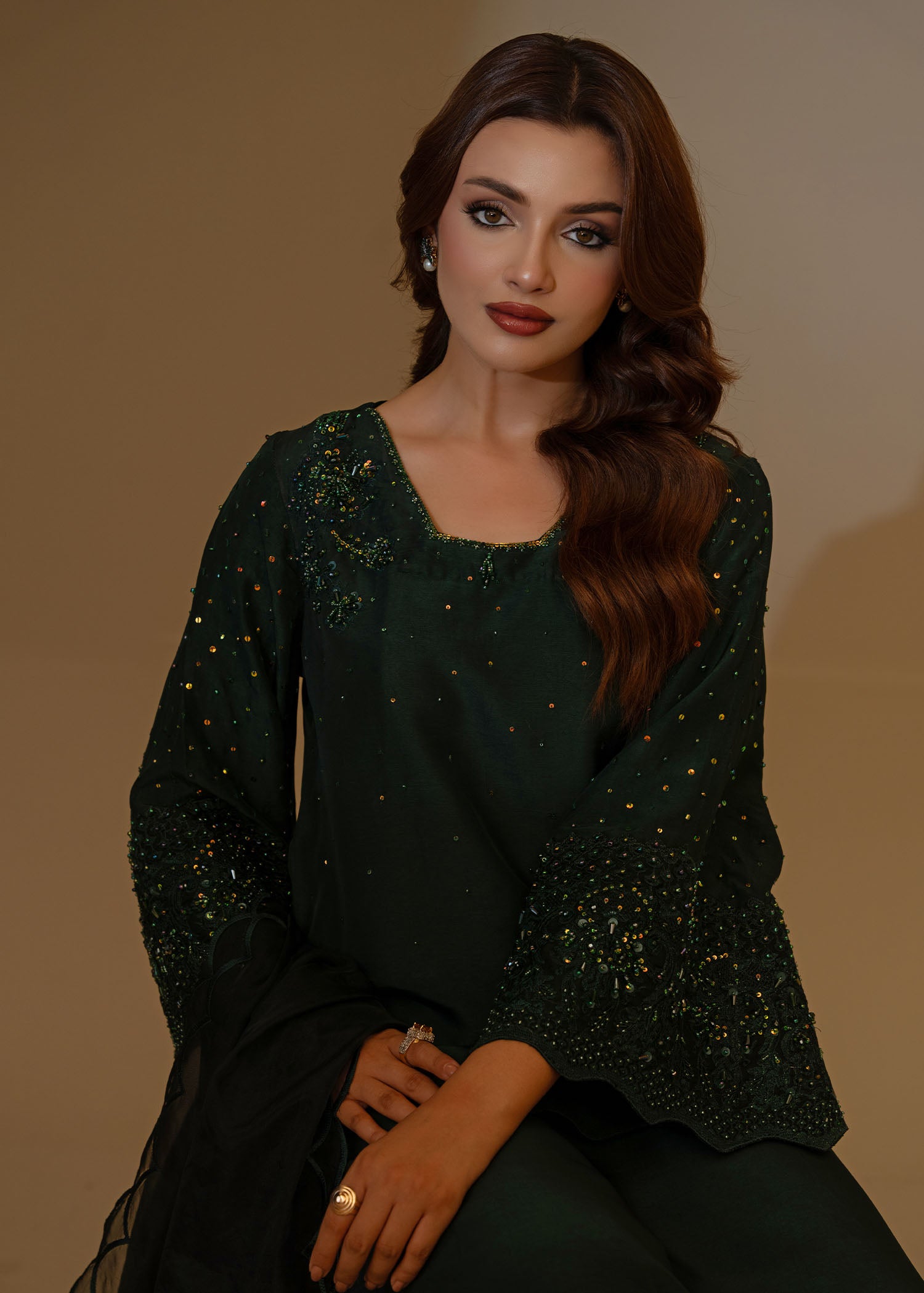 Pakistani Bottle Green Embellished Thai Silk Salwar Kameez (3-Piece) - Image 7