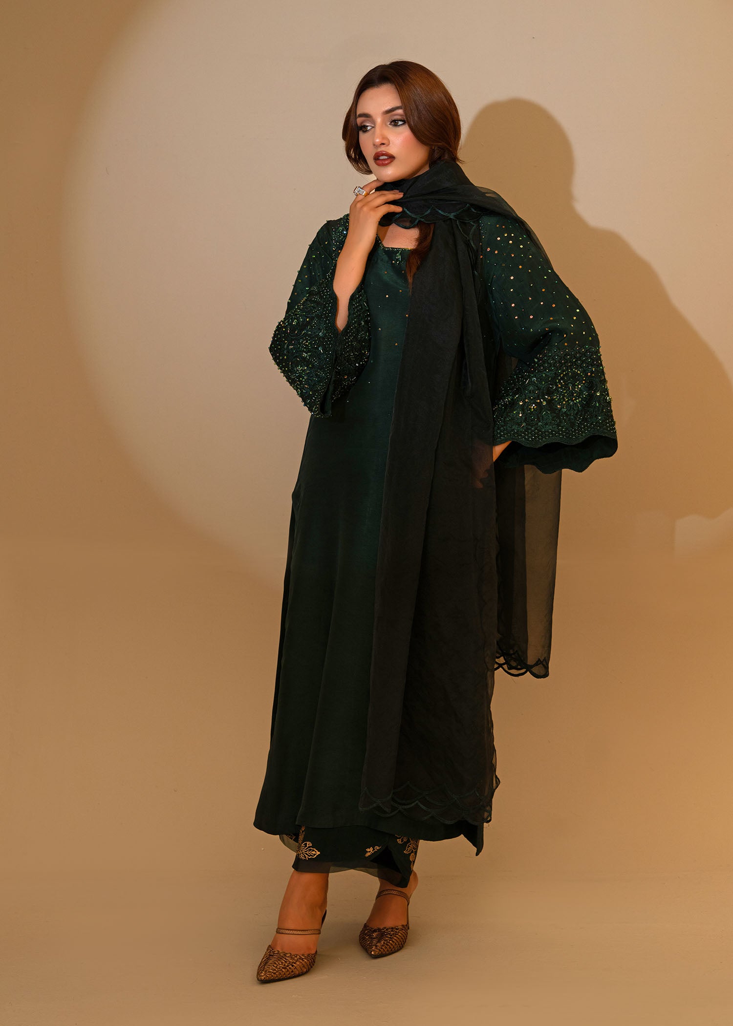 Pakistani Bottle Green Embellished Thai Silk Salwar Kameez (3-Piece) - Image 8