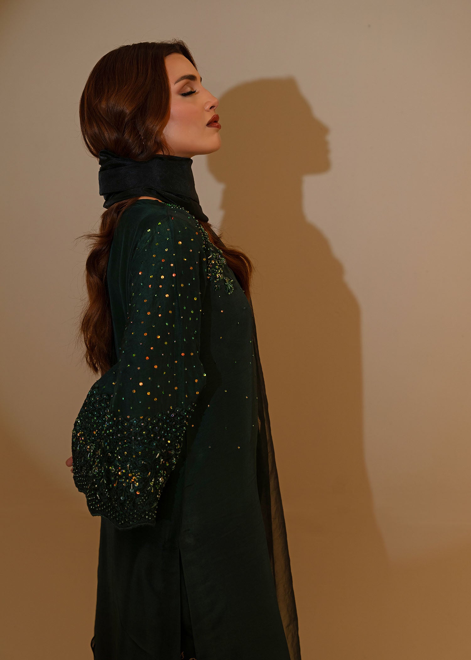 Pakistani Bottle Green Embellished Thai Silk Salwar Kameez (3-Piece) - Image 9