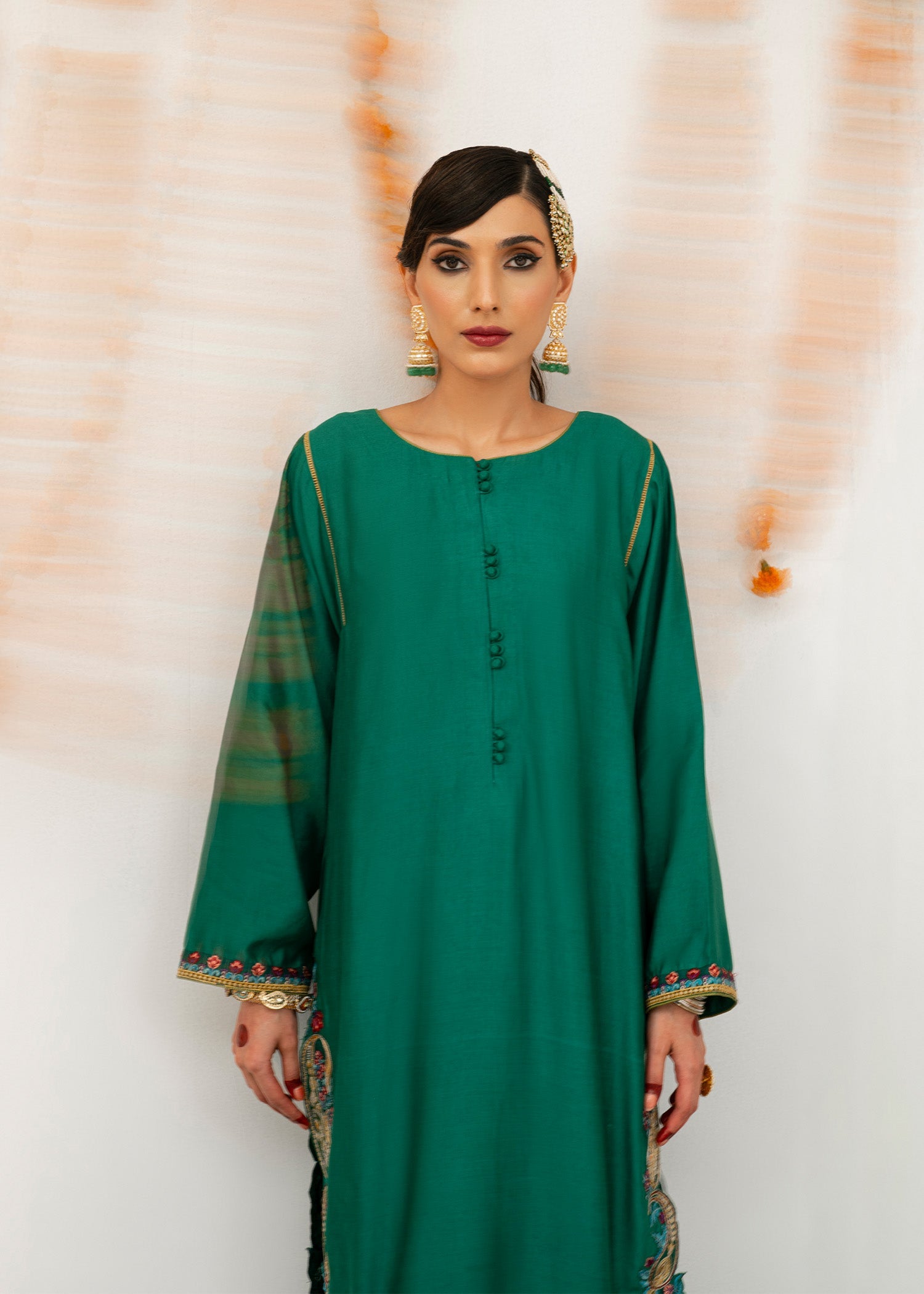 Emerald Green Embroidered Thai Silk Kurta Set (3-Piece) - Image 6