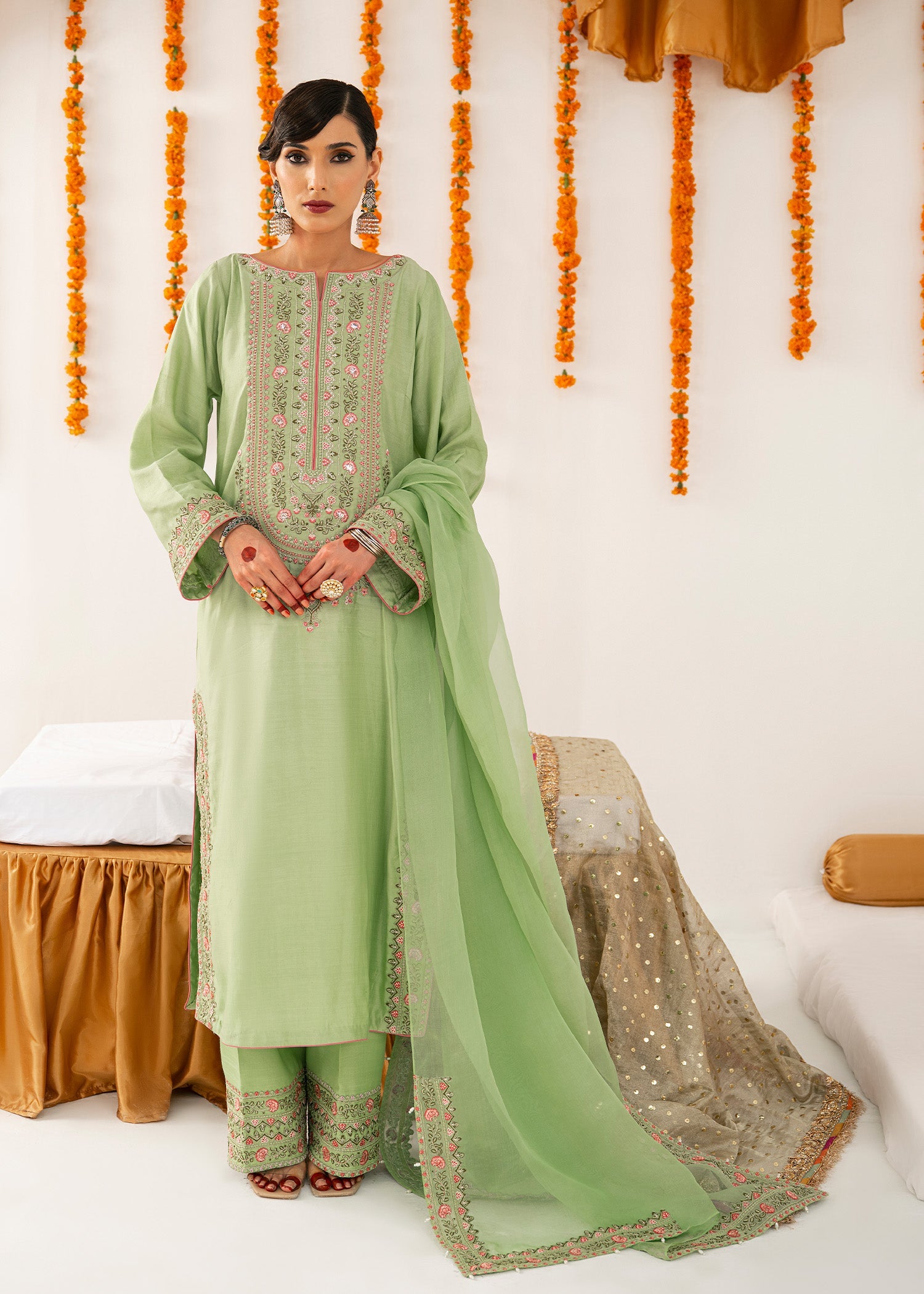 Pakistani Pistachio Thread Embroidered Thai Silk Kurta Set (3-Piece) - Image 1