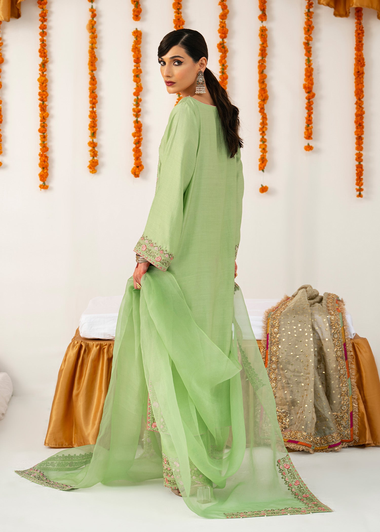 Pakistani Pistachio Thread Embroidered Thai Silk Kurta Set (3-Piece) - Image 2