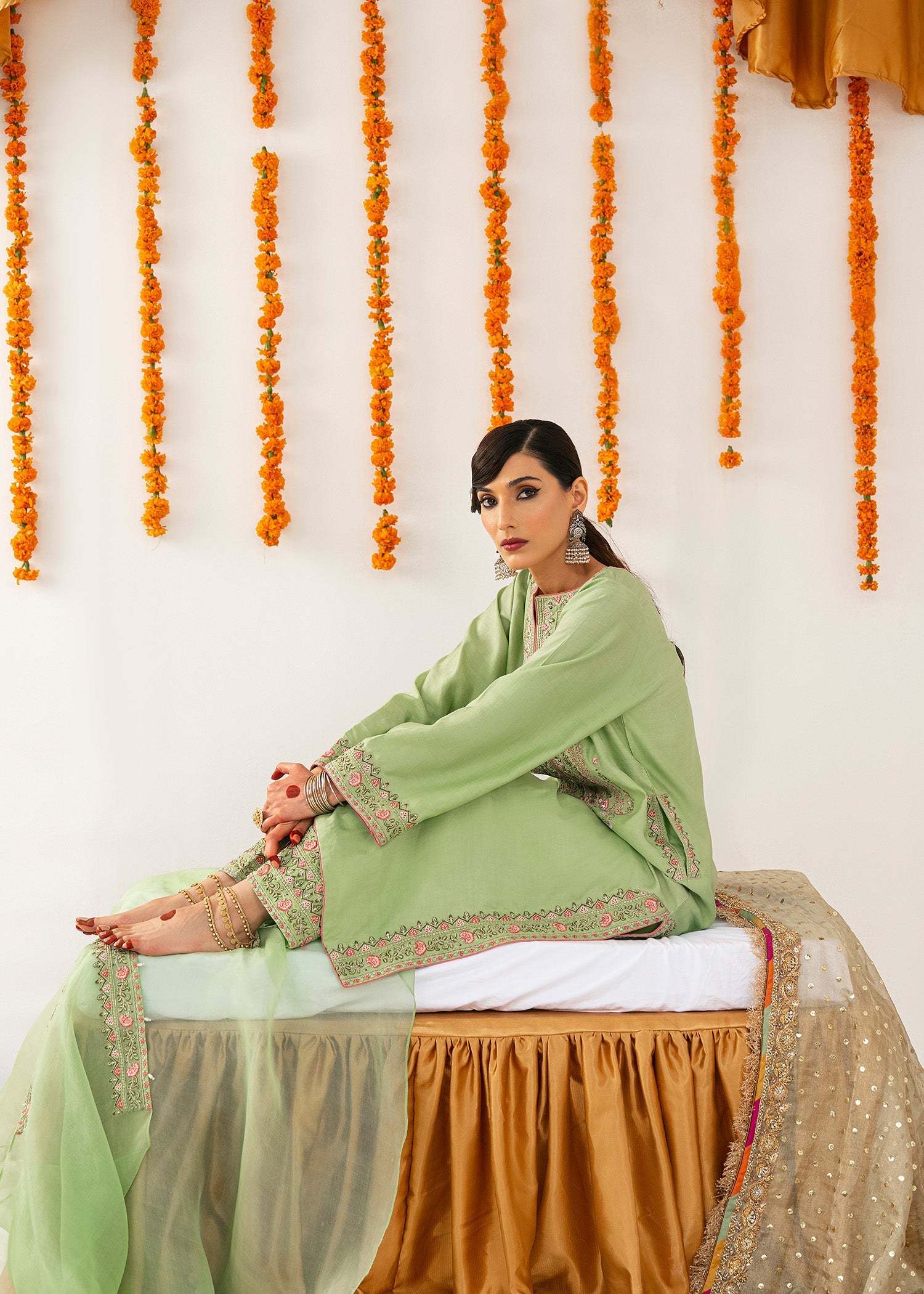 Pakistani Pistachio Thread Embroidered Thai Silk Kurta Set (3-Piece) - Image 4