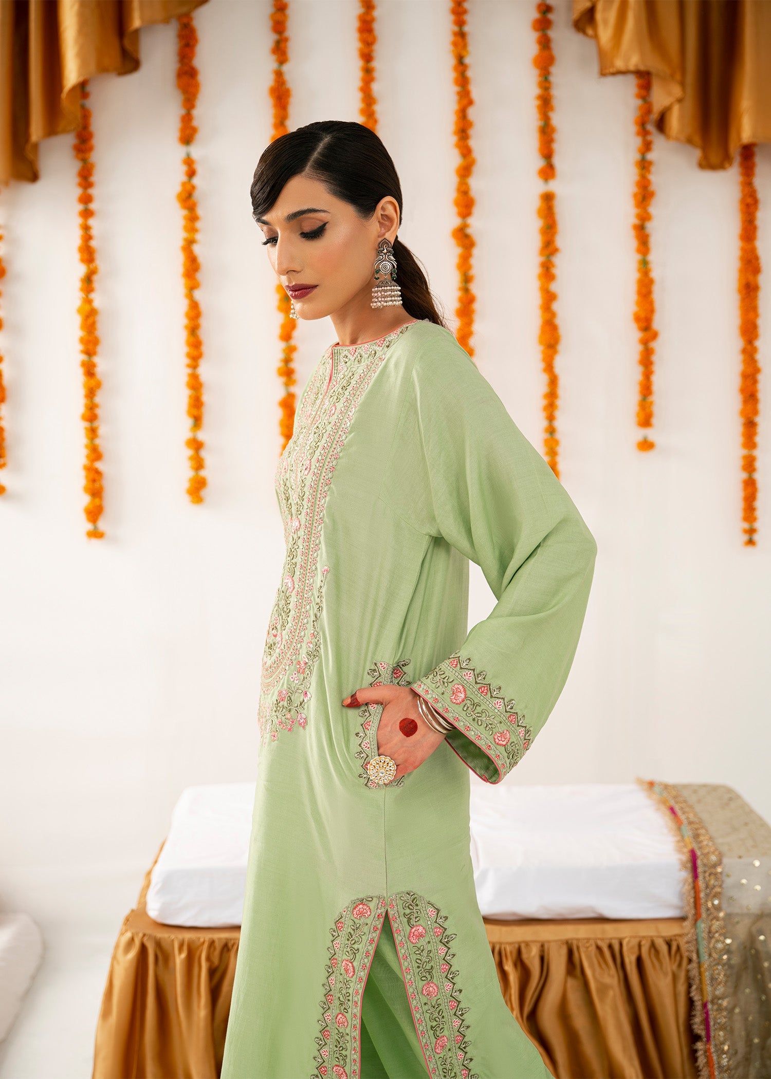 Pakistani Pistachio Thread Embroidered Thai Silk Kurta Set (3-Piece) - Image 6