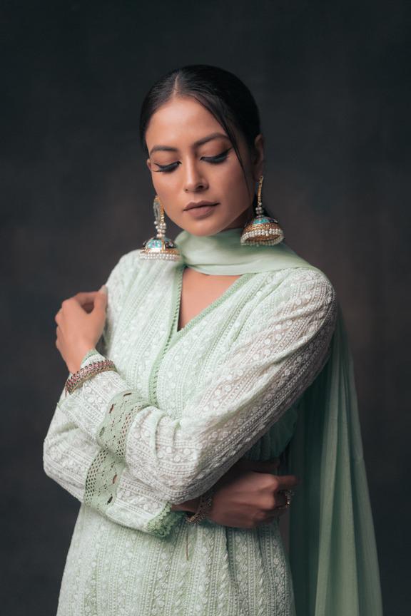 Pakistani Seafoam Green Embroidered Long Kurta Set (3-Piece) - Image 1