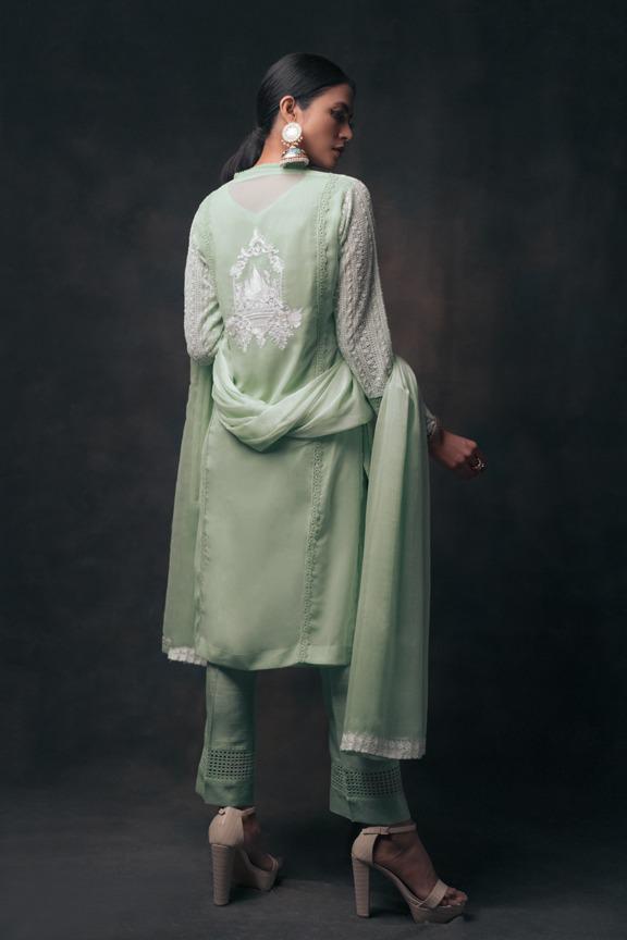 Pakistani Seafoam Green Embroidered Long Kurta Set (3-Piece) - Image 3