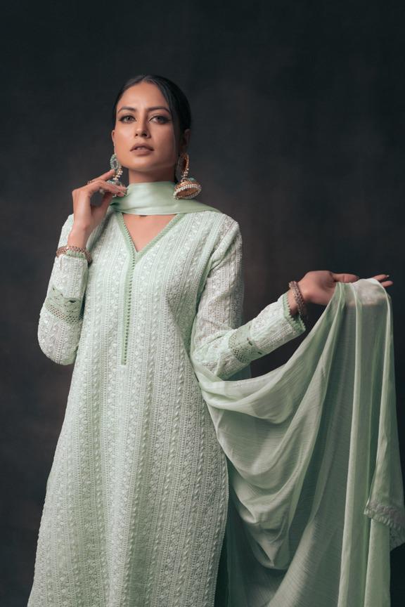 Pakistani Seafoam Green Embroidered Long Kurta Set (3-Piece) - Image 4