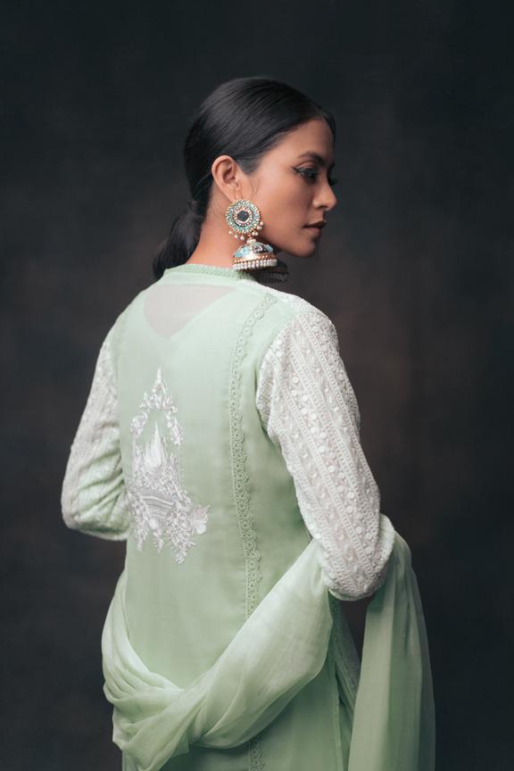 Pakistani Seafoam Green Embroidered Long Kurta Set (3-Piece) - Image 5