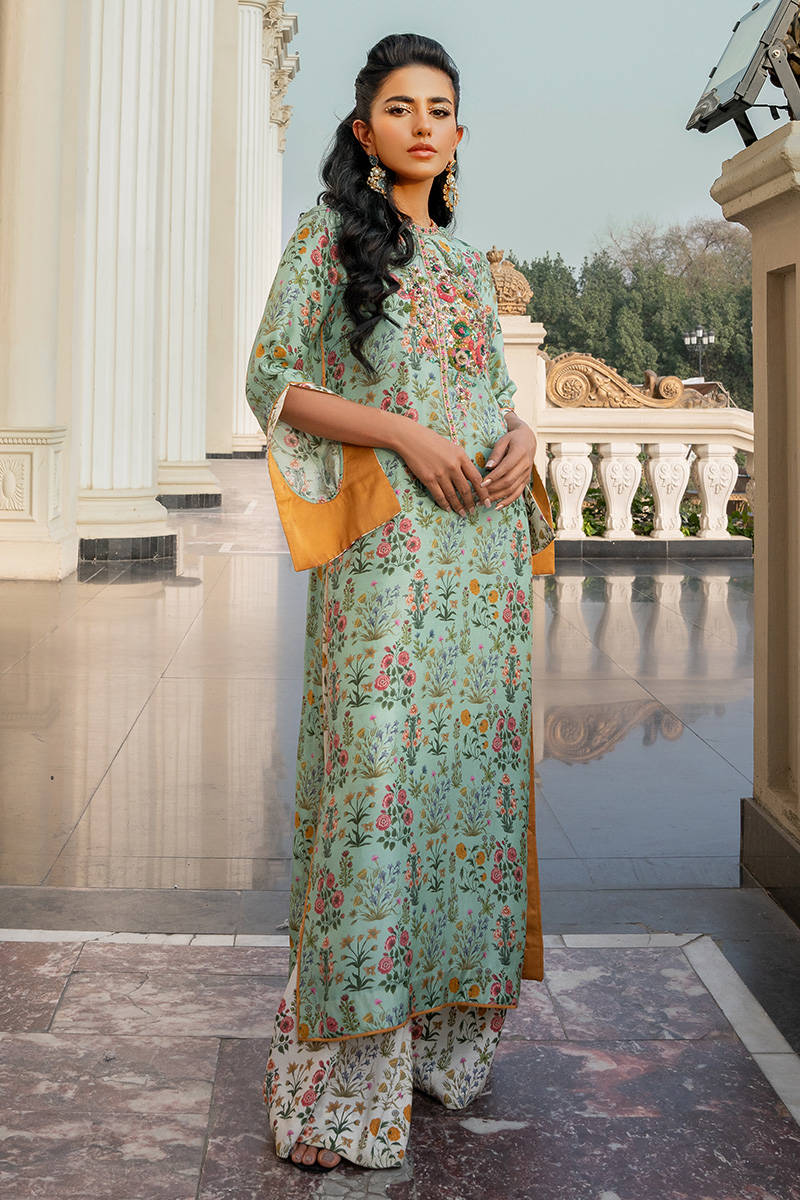 Sea Foam Green Embellished Printed Long Shirt & Palazzo (2-Piece) - Image 1