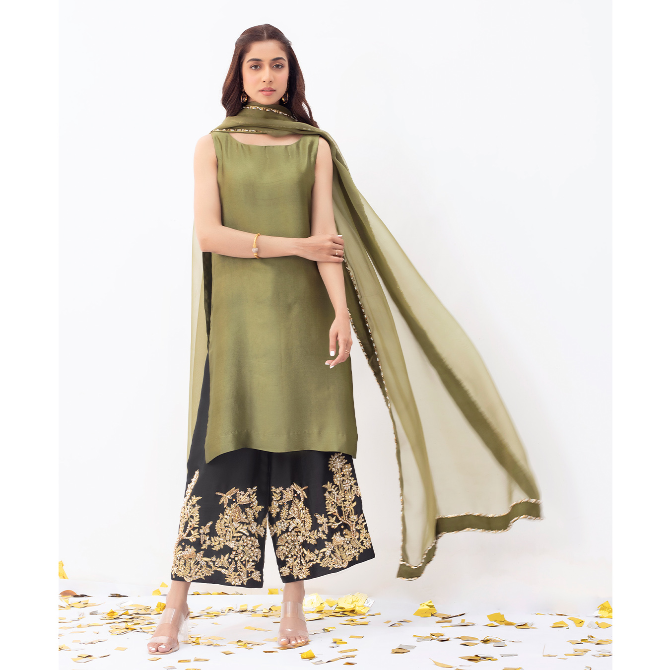Henna Green Embellished Tissue Silk Salwar Kameez (3-Piece) - Image 1