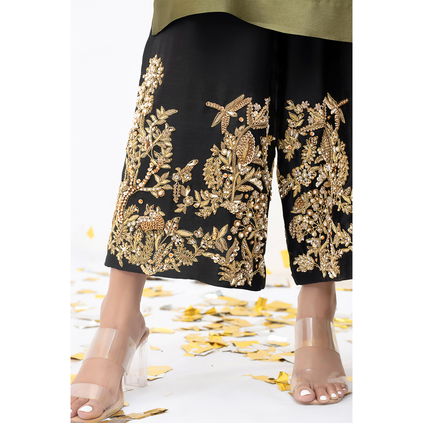 Henna Green Embellished Tissue Silk Salwar Kameez (3-Piece) - Image 2