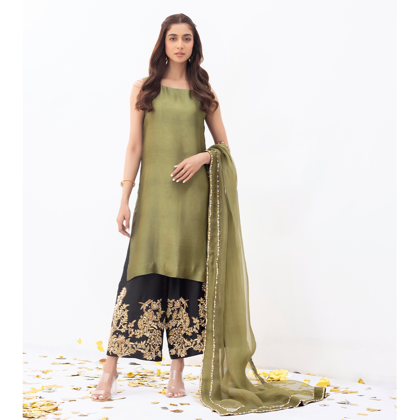 Henna Green Embellished Tissue Silk Salwar Kameez (3-Piece) - Image 3
