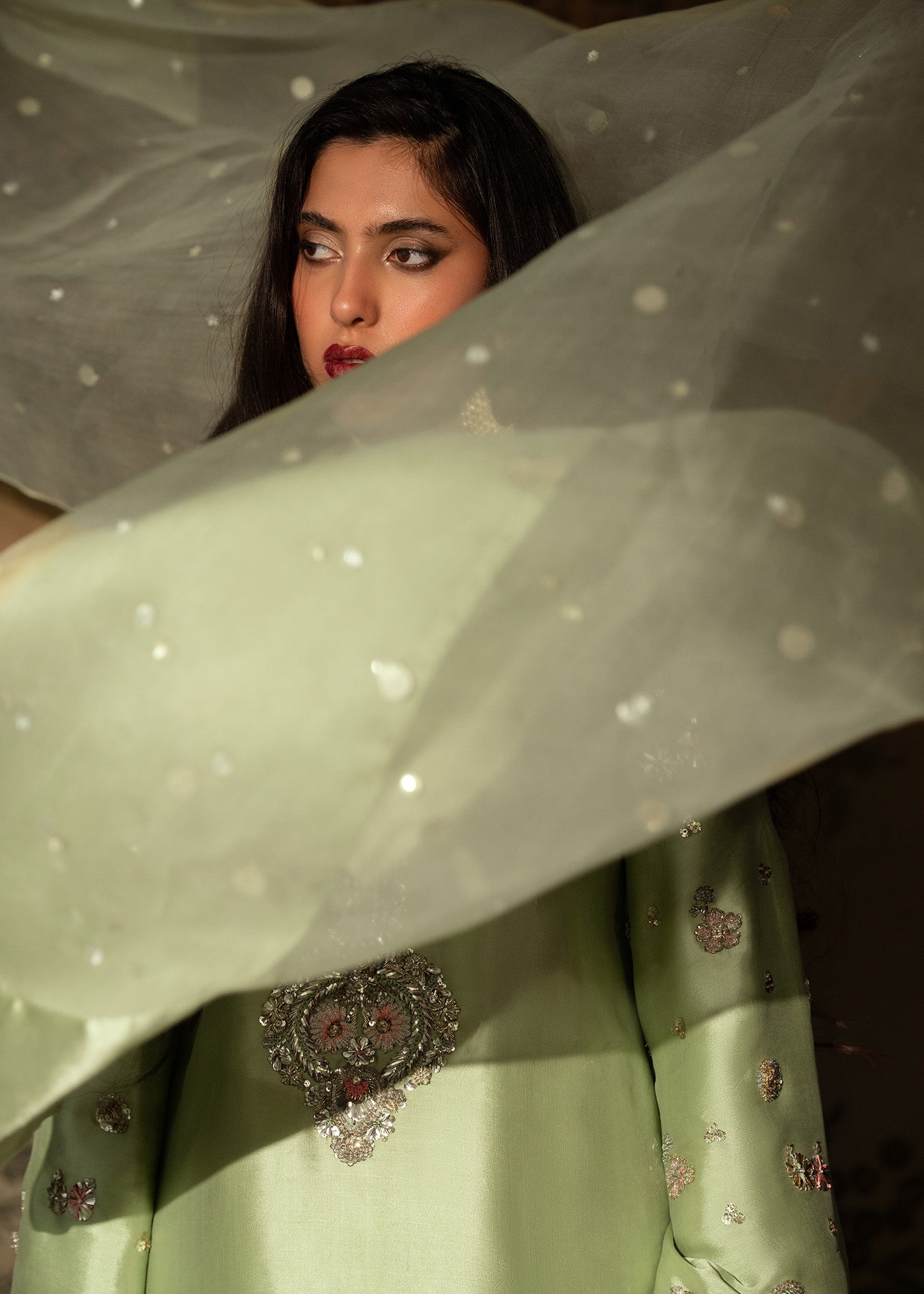 Pakistani Green Hand Embellished Tissue Silk Kurta Set (3-Piece) - Image 13