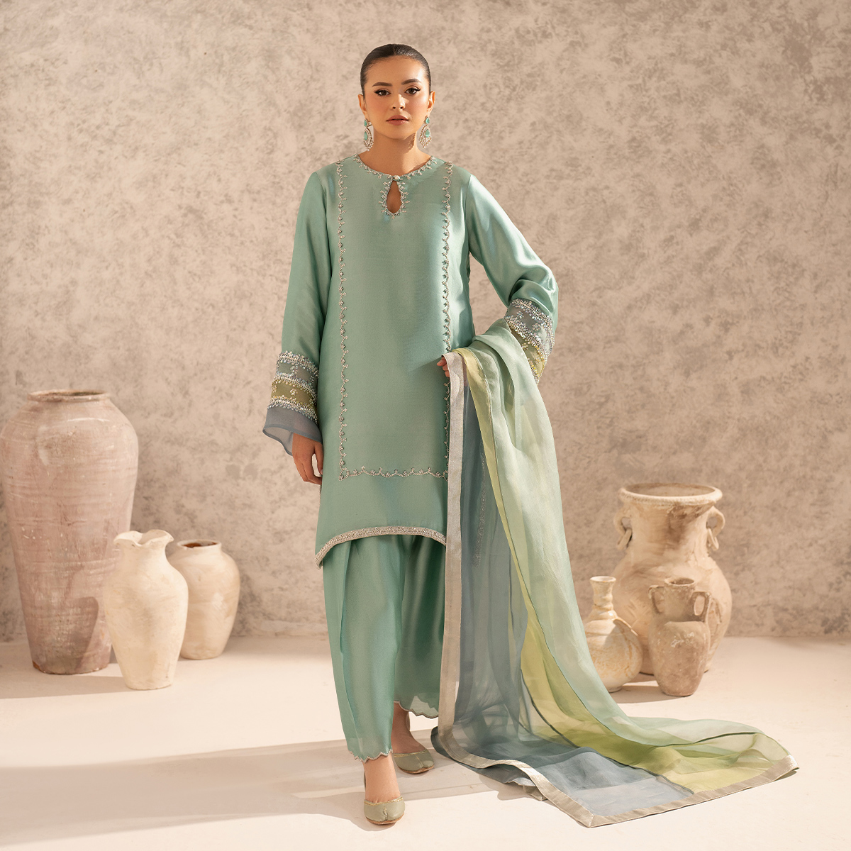 Pakistani Seafoam Embellished Pure Tissue Silk Salwar Kameez (3-Piece) - Image 1