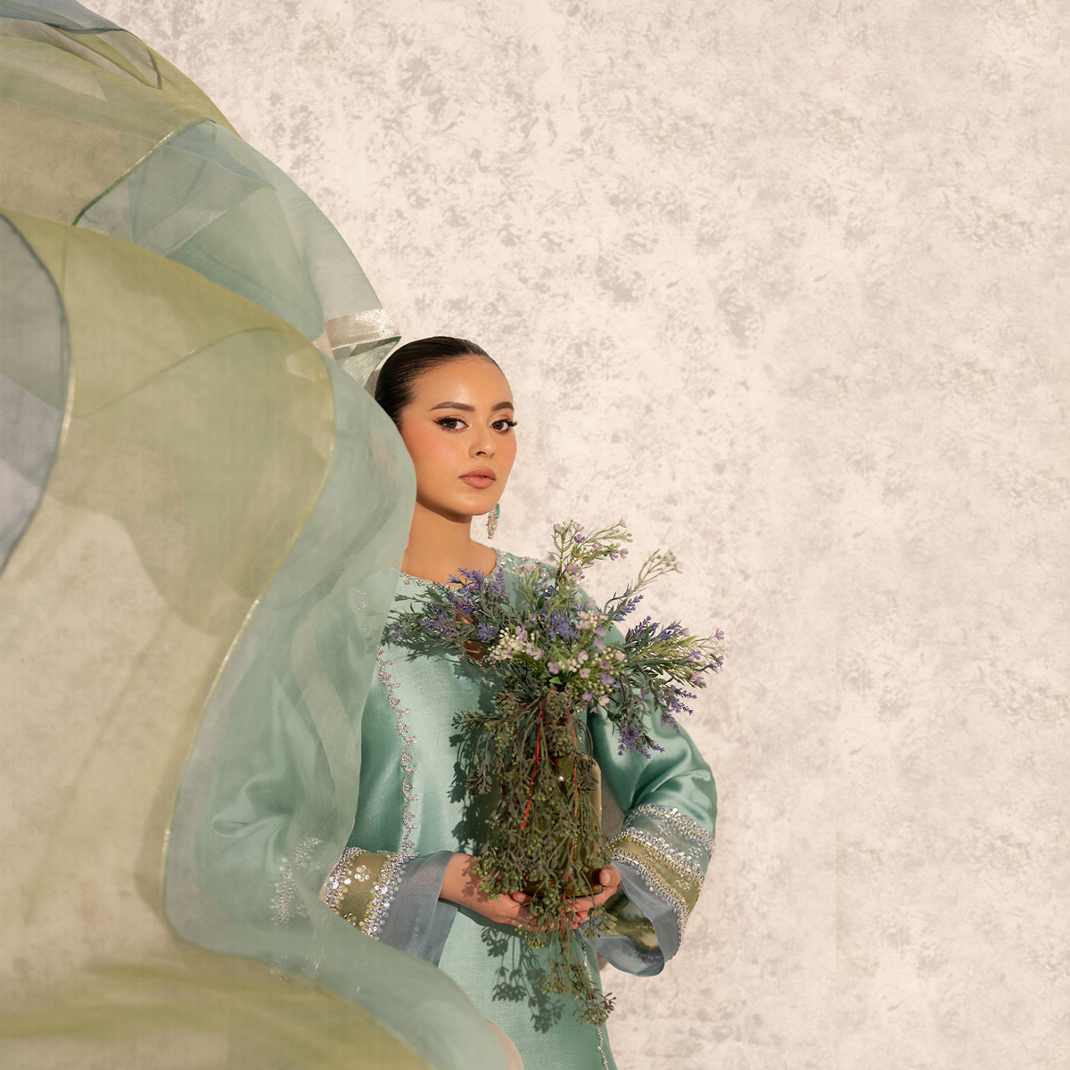 Pakistani Seafoam Embellished Pure Tissue Silk Salwar Kameez (3-Piece) - Image 2