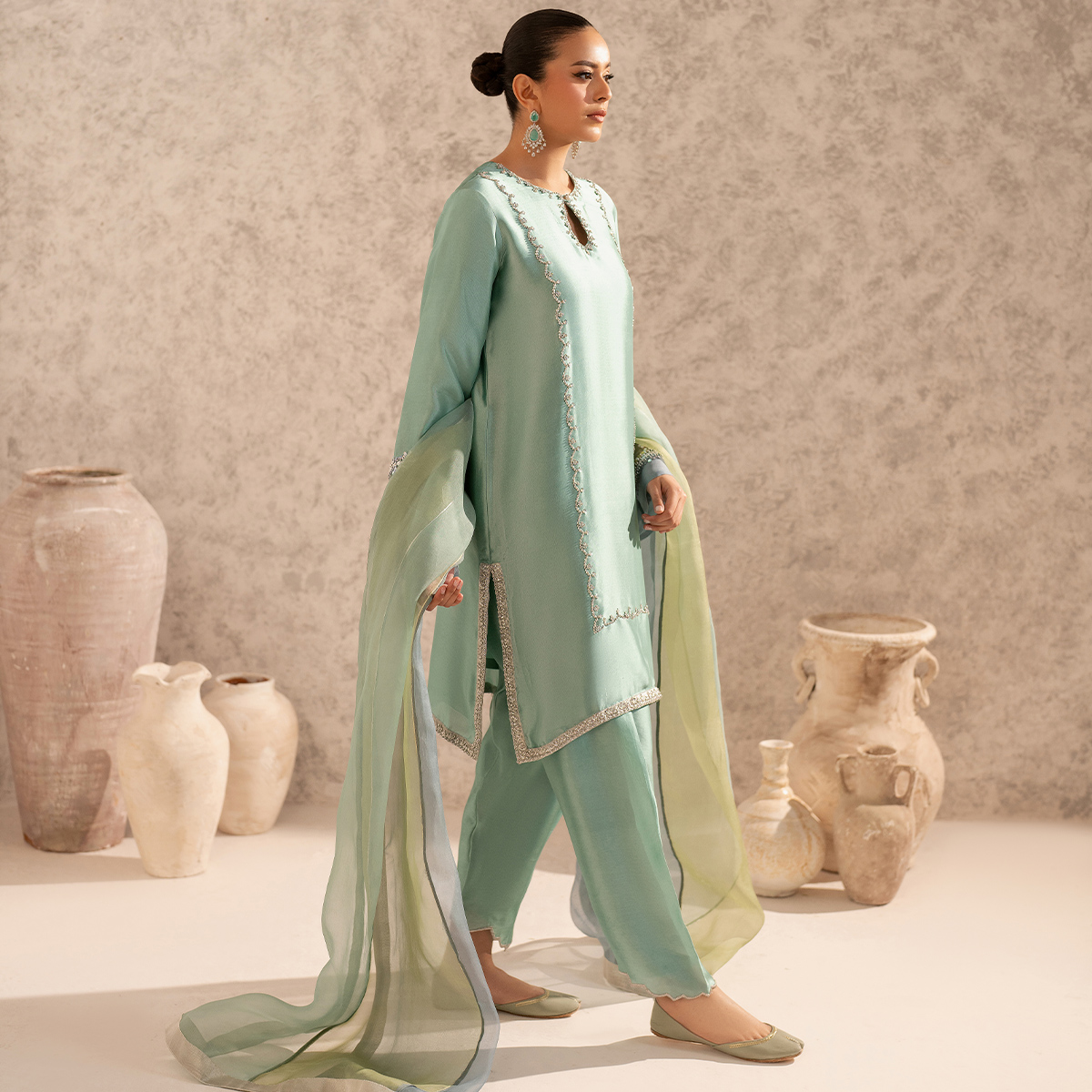 Pakistani Seafoam Embellished Pure Tissue Silk Salwar Kameez (3-Piece) - Image 4