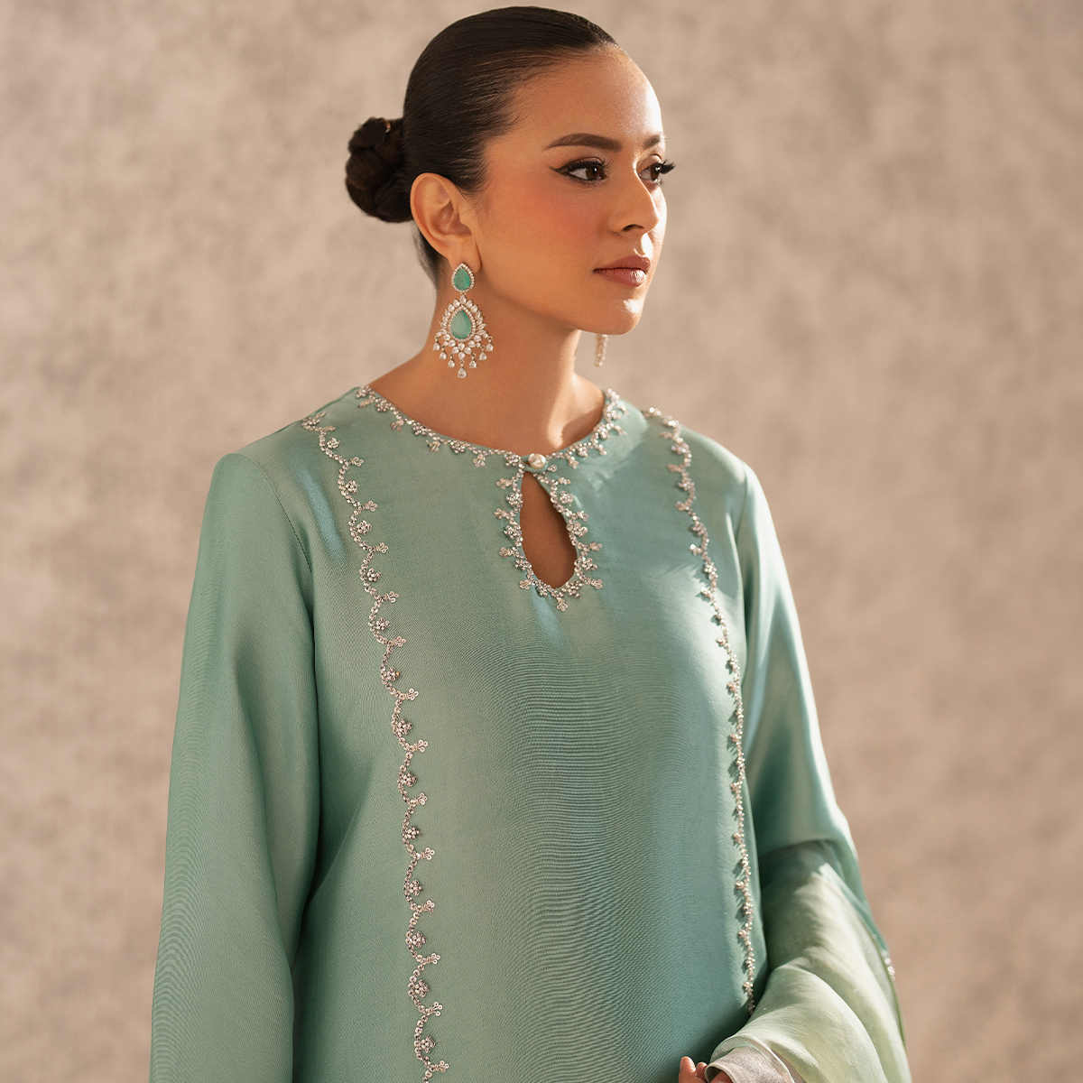 Pakistani Seafoam Embellished Pure Tissue Silk Salwar Kameez (3-Piece) - Image 6