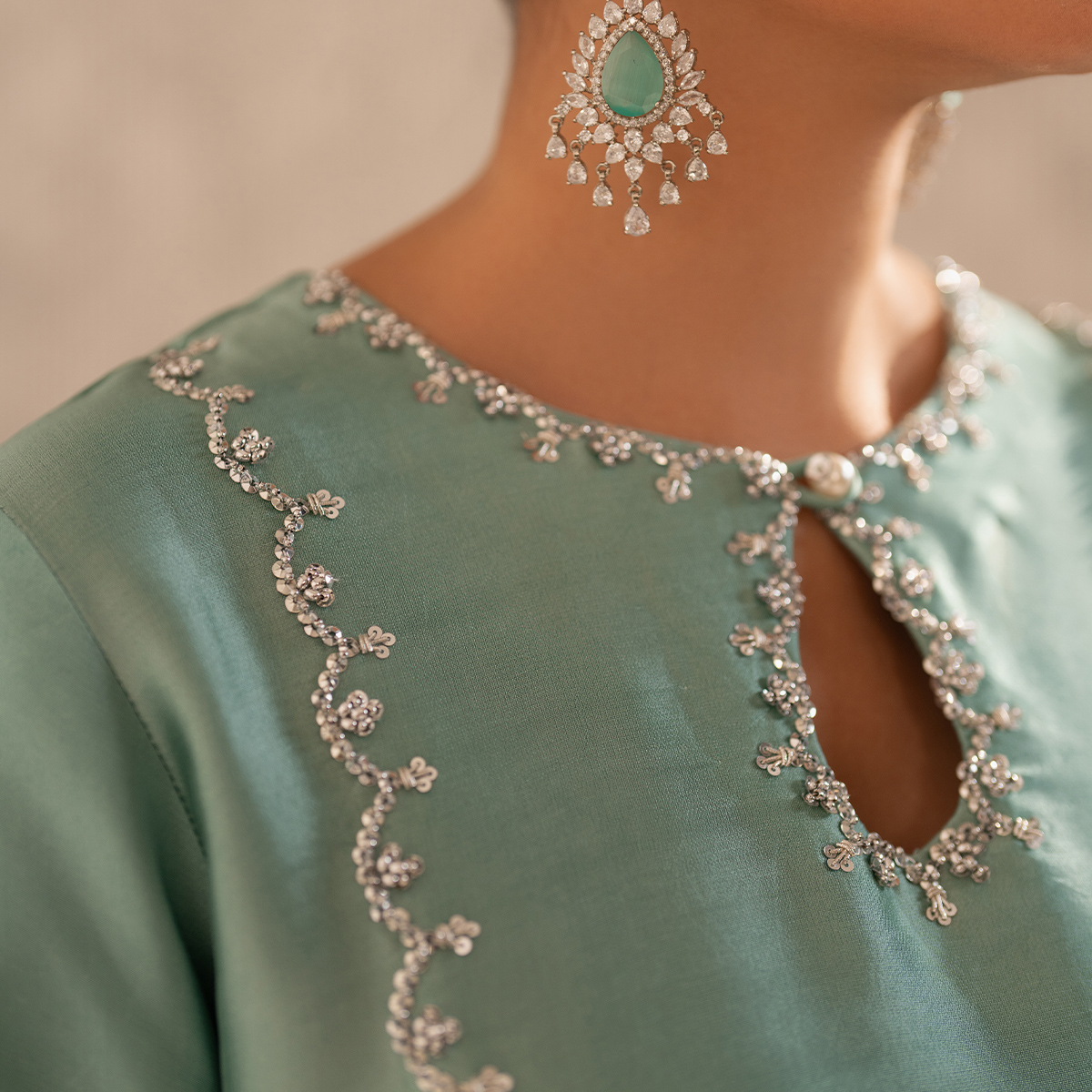 Pakistani Seafoam Embellished Pure Tissue Silk Salwar Kameez (3-Piece) - Image 7