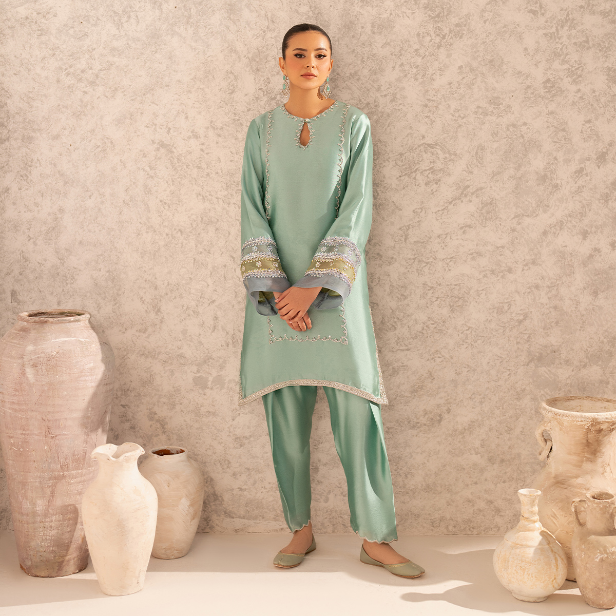 Pakistani Seafoam Embellished Pure Tissue Silk Salwar Kameez (3-Piece) - Image 8