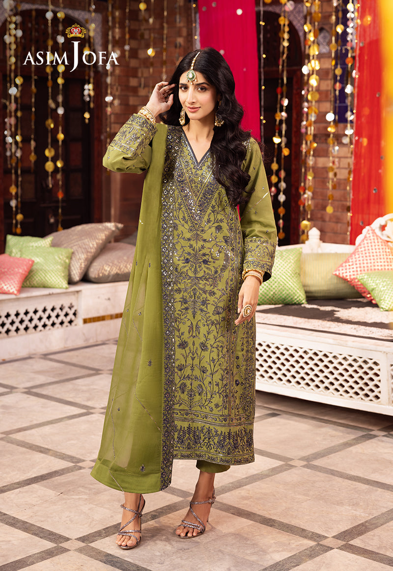 Pakistani Fresh Green Embroidered Twisted Silk & Chiffon Suit (3-Piece) - Image 1