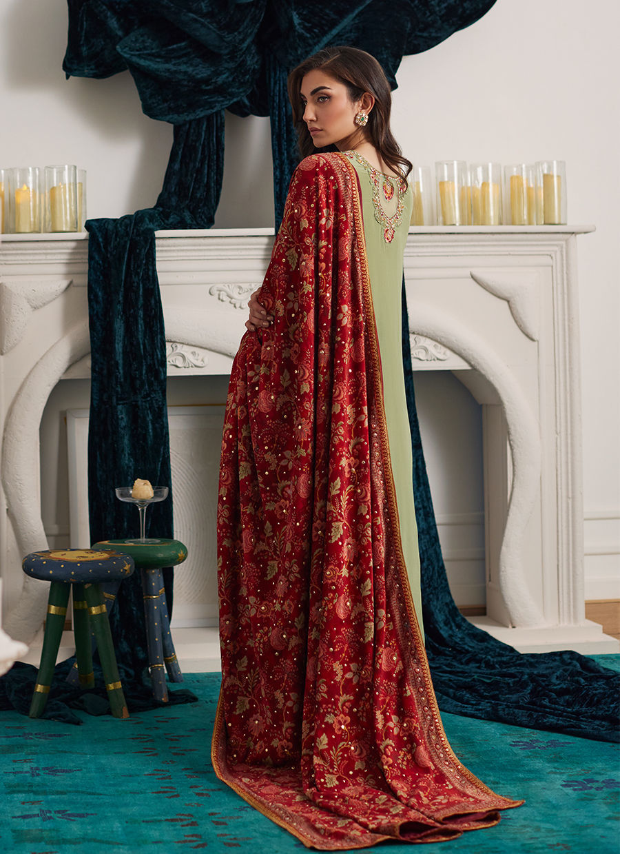 Pakistani Pistachio Green Embroidered Velvet Shawl (3-Piece) - Image 1