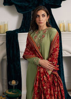 Pakistani Pistachio Green Embroidered Velvet Shawl (3-Piece) - Image 5