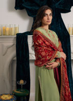 Pakistani Pistachio Green Embroidered Velvet Shawl (3-Piece) - Image 6