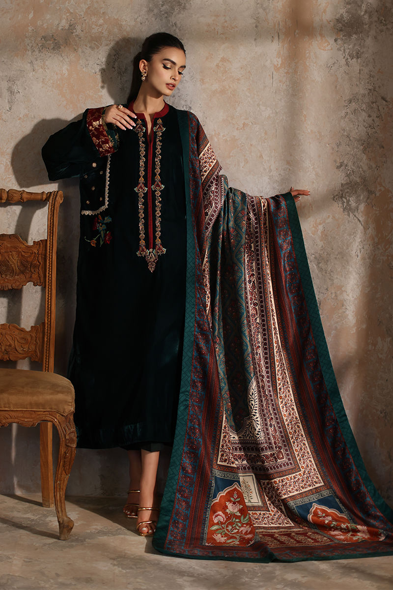 Pakistani Bottle Green Embroidered Velvet Salwar Kameez (3-Piece) - Image 1