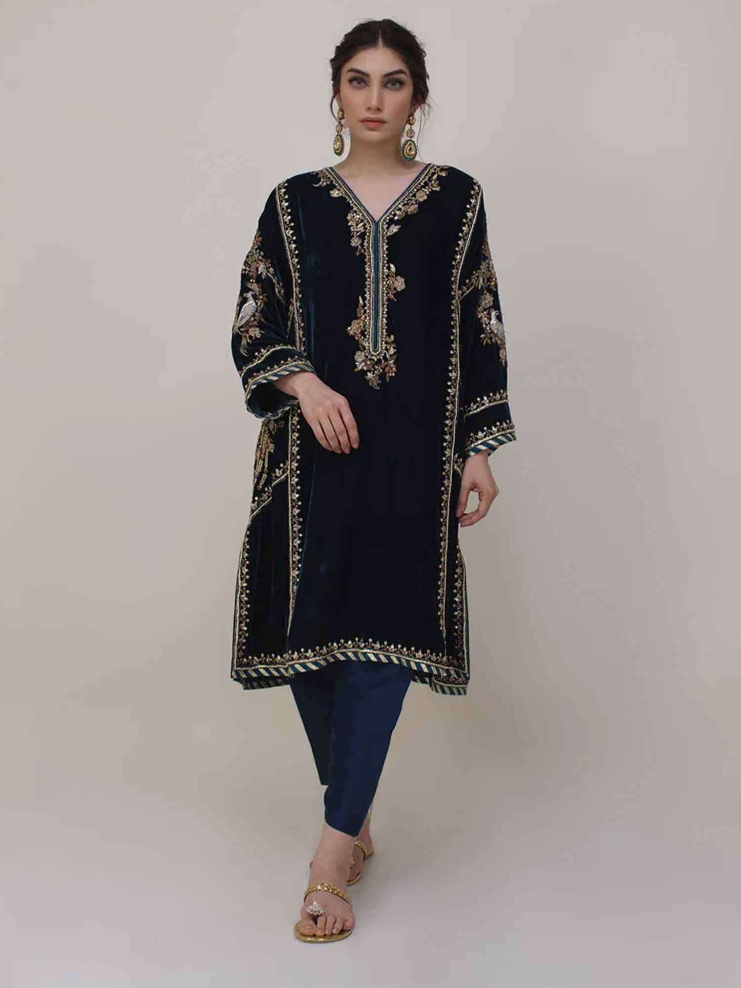 Pakistani Teal Embroidered Velvet & Silk Kurta Set (2-Piece) - Image 1