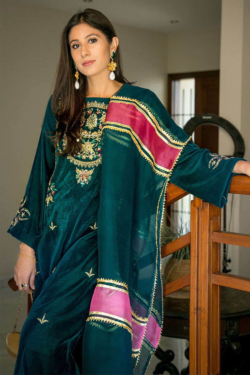 Deep Green Embroidered Velvet Salwar Kameez (3-Piece) - Image 3