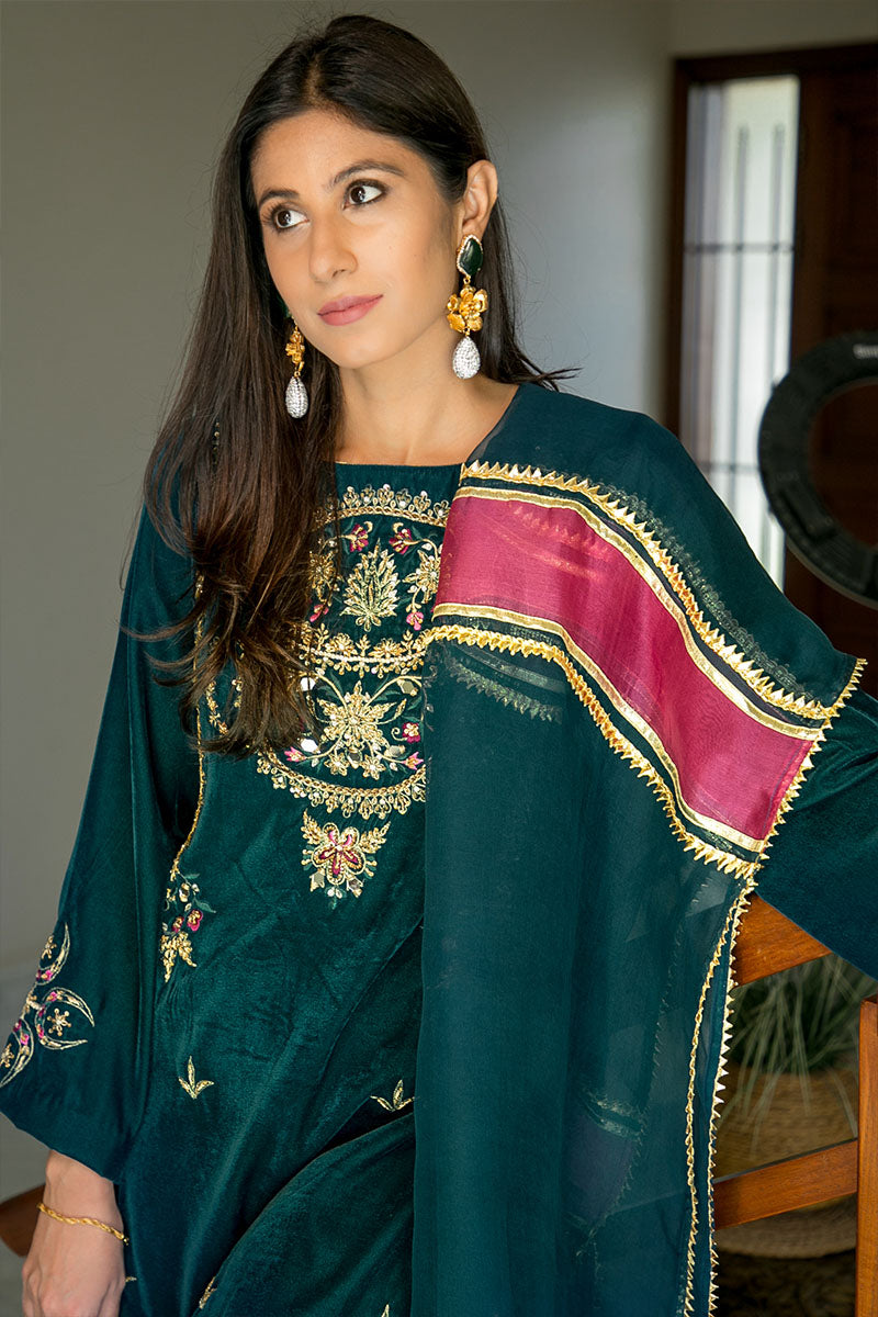 Deep Green Embroidered Velvet Salwar Kameez (3-Piece) - Image 5
