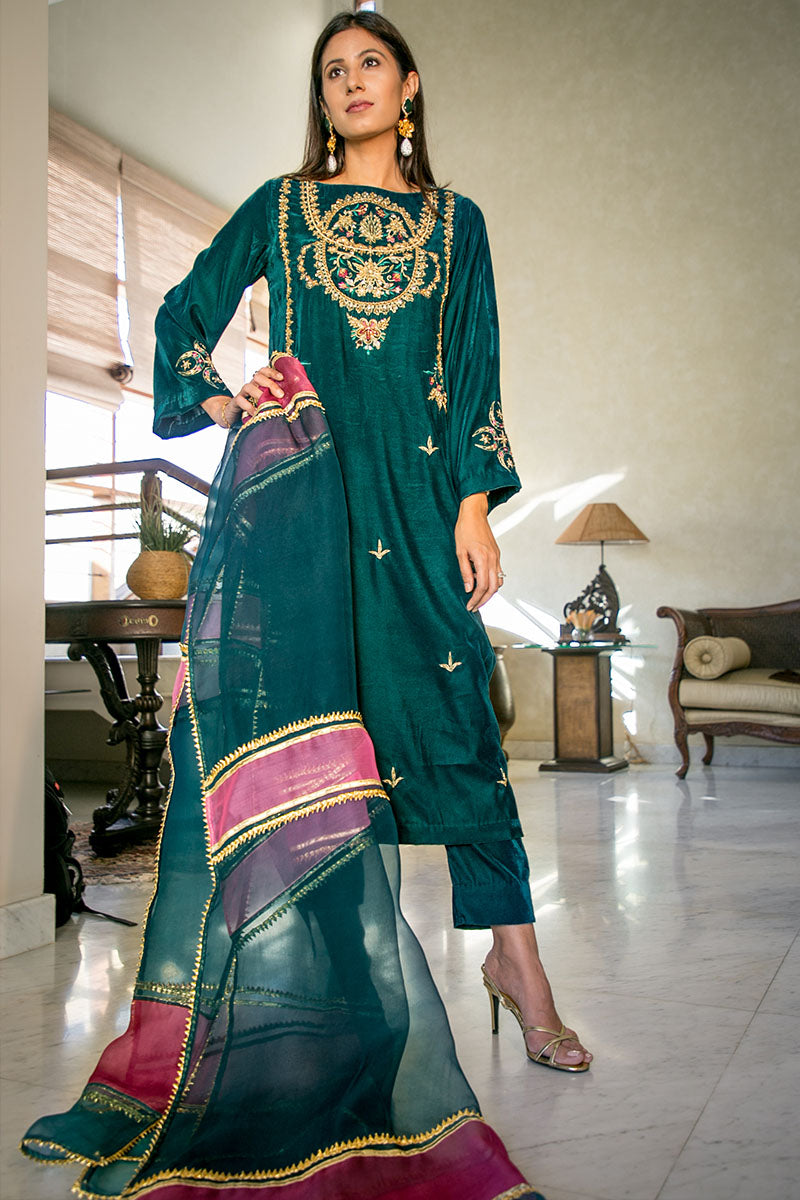 Deep Green Embroidered Velvet Salwar Kameez (3-Piece) - Image 6