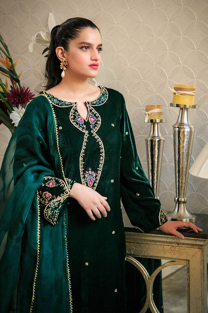 Jade Green Embroidered Velvet Salwar Kameez (3-Piece) - Image 2