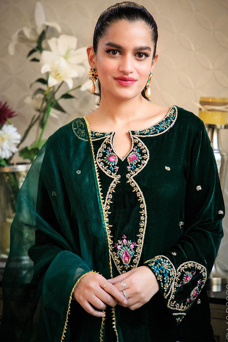 Jade Green Embroidered Velvet Salwar Kameez (3-Piece) - Image 3