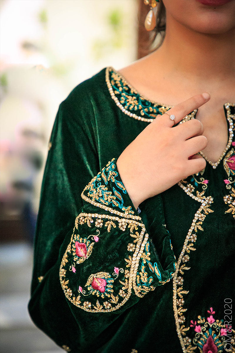 Jade Green Embroidered Velvet Salwar Kameez (3-Piece) - Image 4