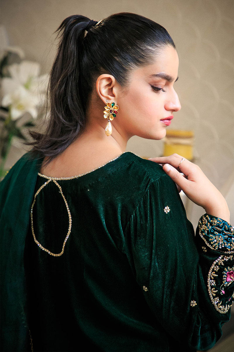 Jade Green Embroidered Velvet Salwar Kameez (3-Piece) - Image 5