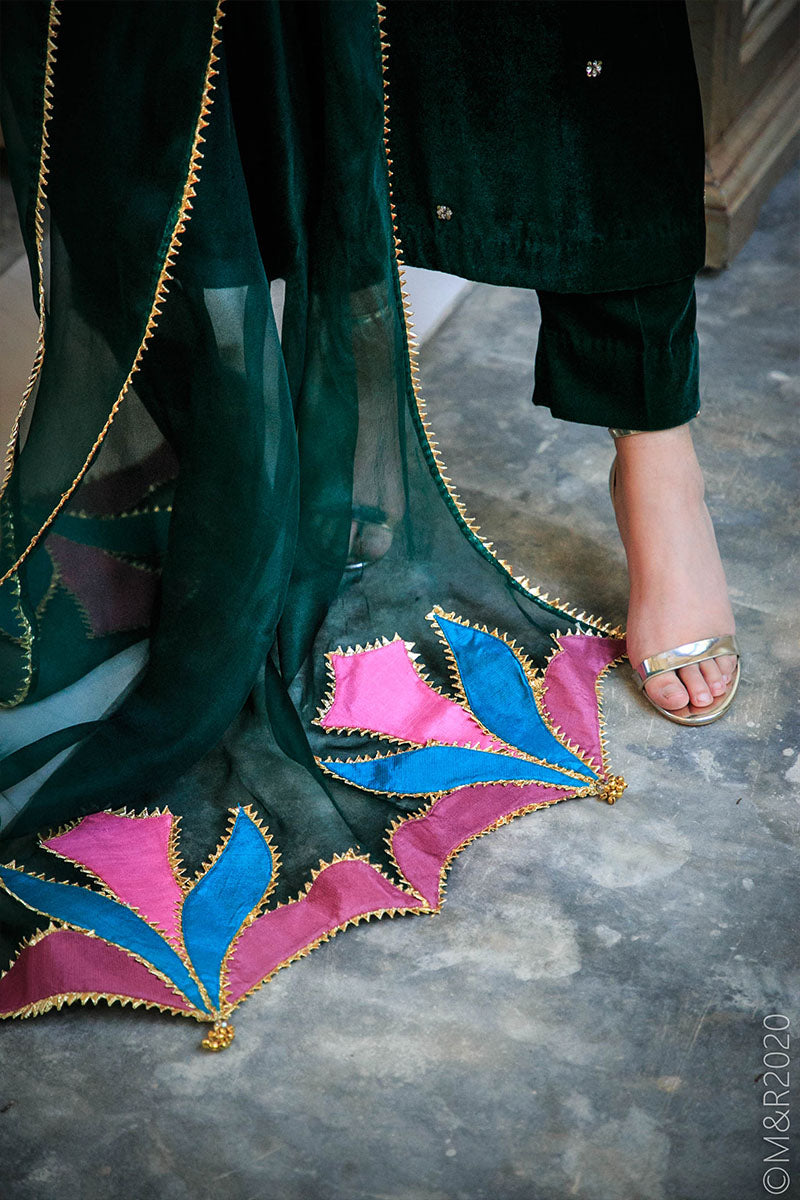 Jade Green Embroidered Velvet Salwar Kameez (3-Piece) - Image 6