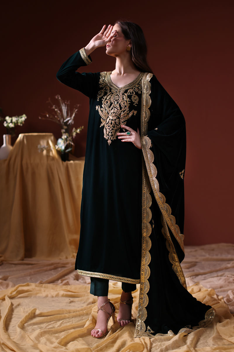 Pakistani Dark Green Marori Embroidered Velvet Salwar Kameez (3-Piece) - Image 1