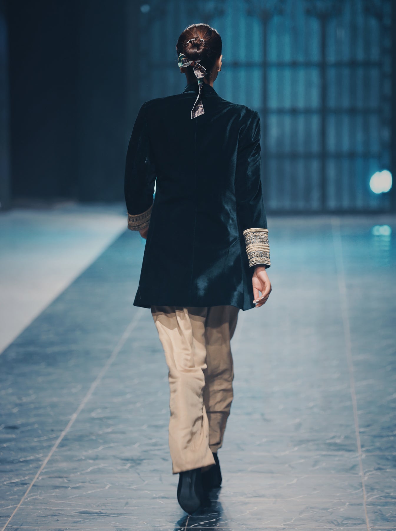 Pakistani Deep Green Embroidered Velvet Jacket Salwar (2-Piece) - Image 2