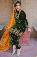 Green Embroidered Velvet Salwar Kameez (3-Piece) - Image 4