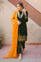 Green Embroidered Velvet Salwar Kameez (3-Piece) - Image 5