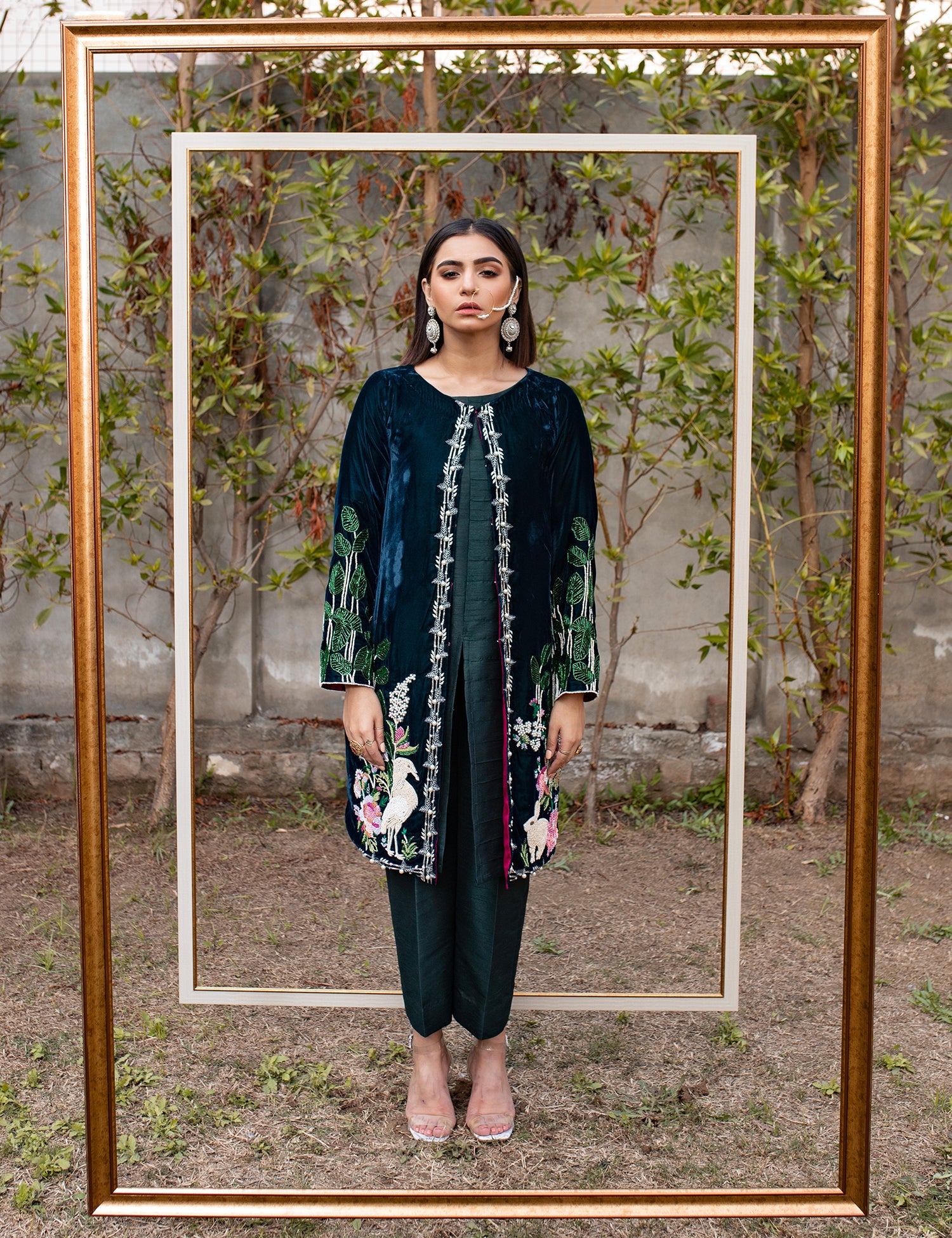 Dark Green Embroidered Velvet Silk Jacket Suit (2-Piece) - Image 1