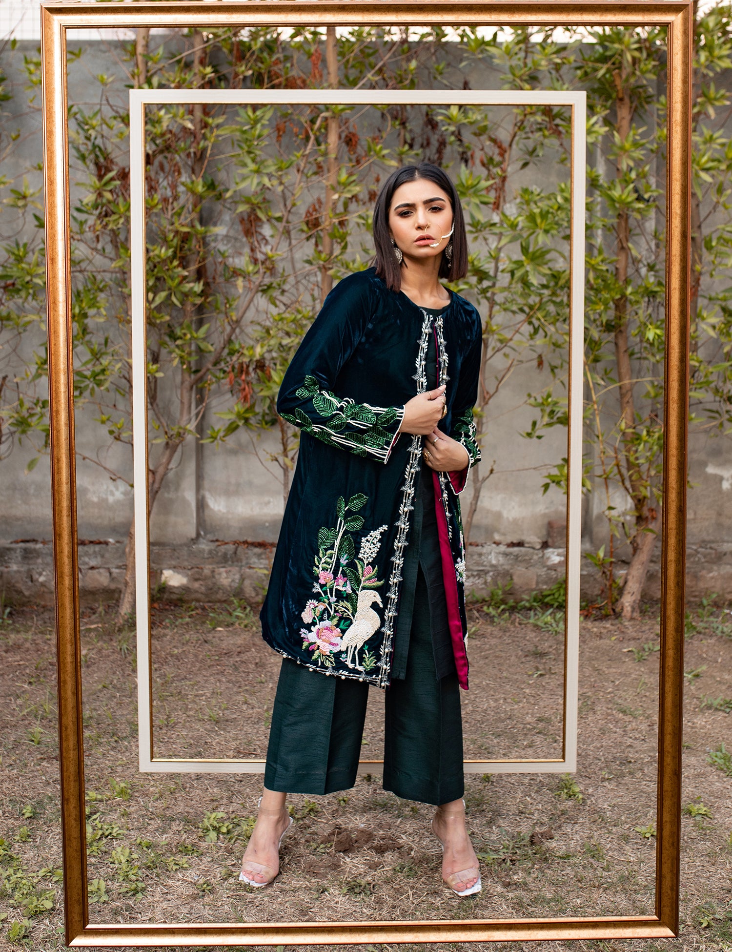 Dark Green Embroidered Velvet Silk Jacket Suit (2-Piece) - Image 2