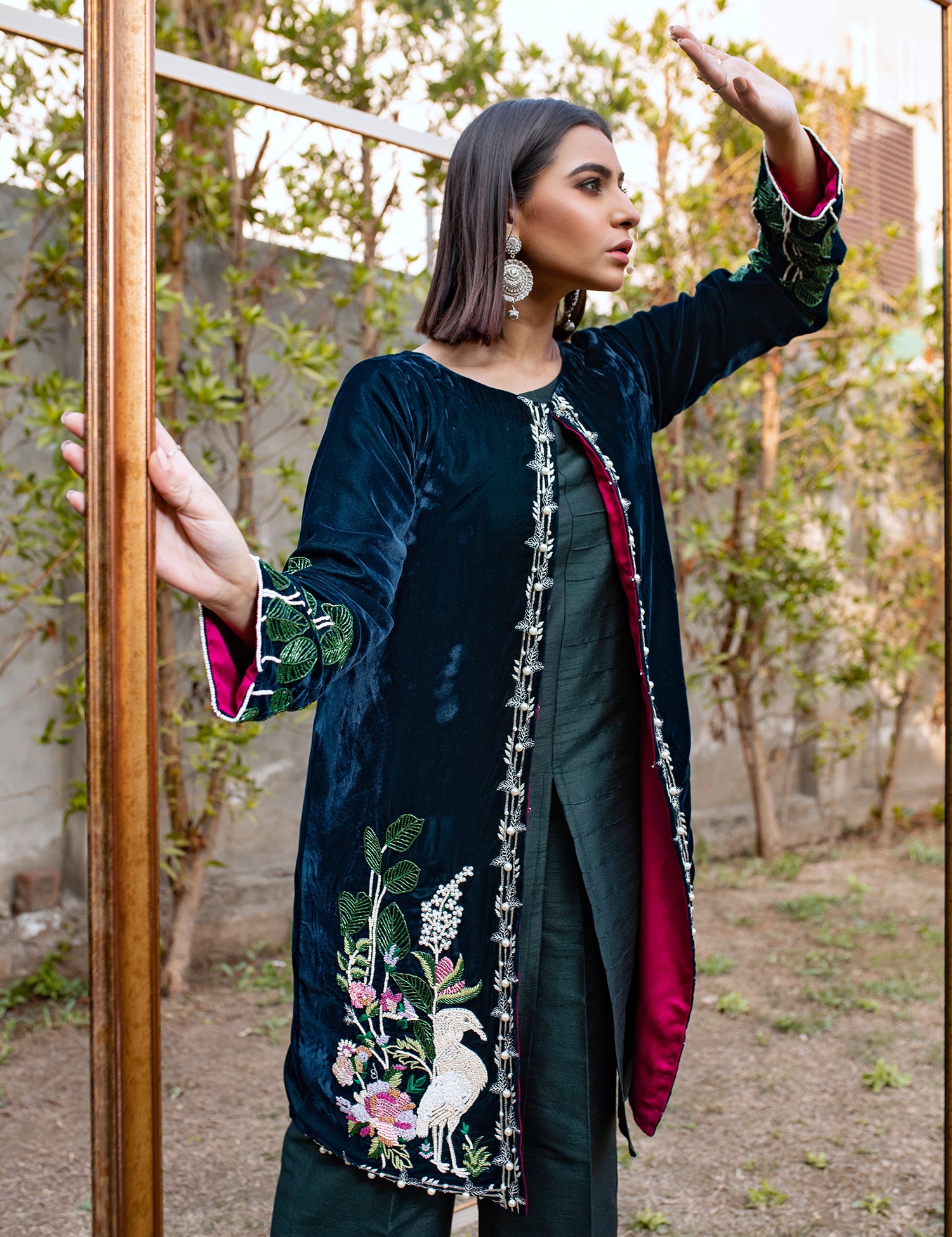 Dark Green Embroidered Velvet Silk Jacket Suit (2-Piece) - Image 3