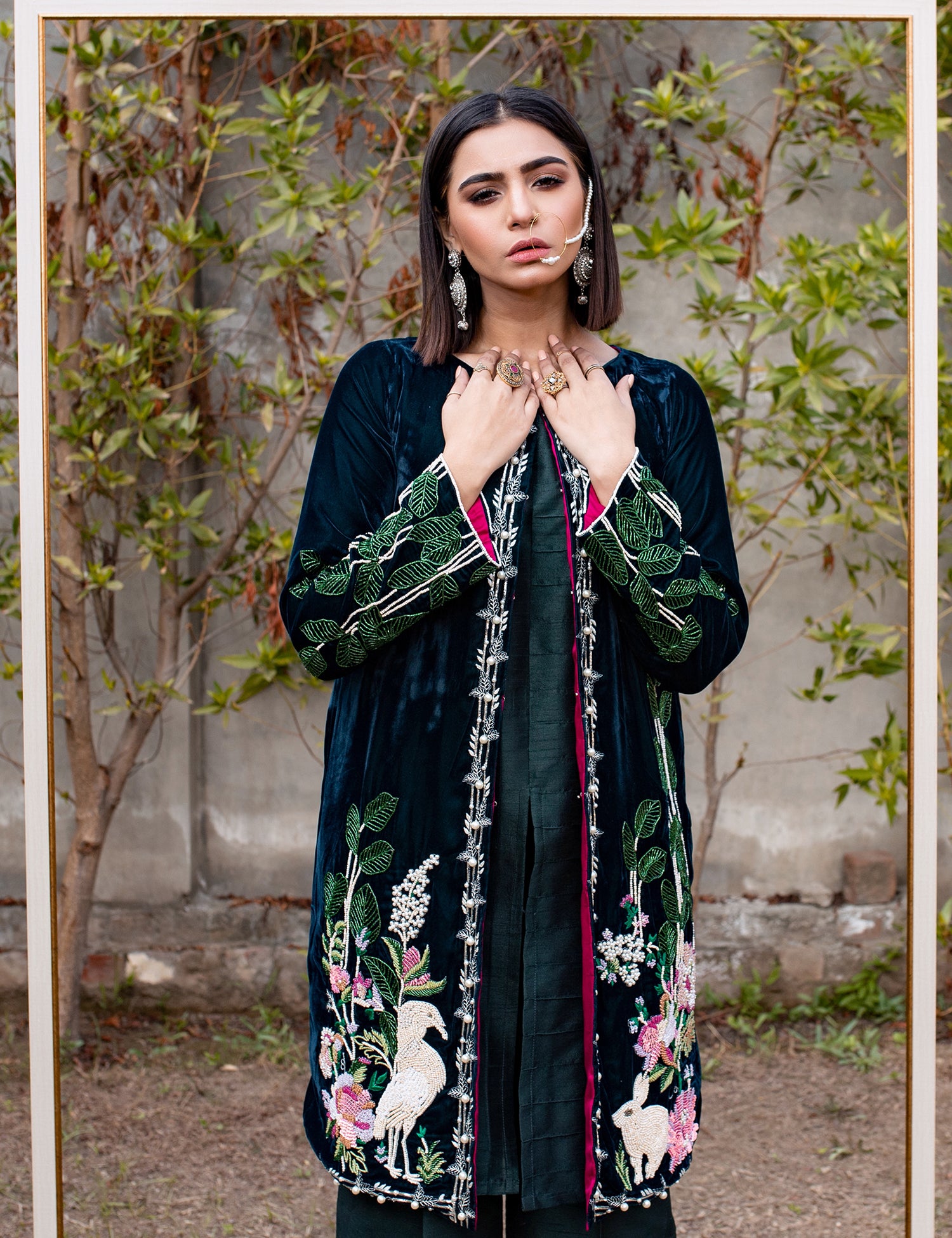 Dark Green Embroidered Velvet Silk Jacket Suit (2-Piece) - Image 5