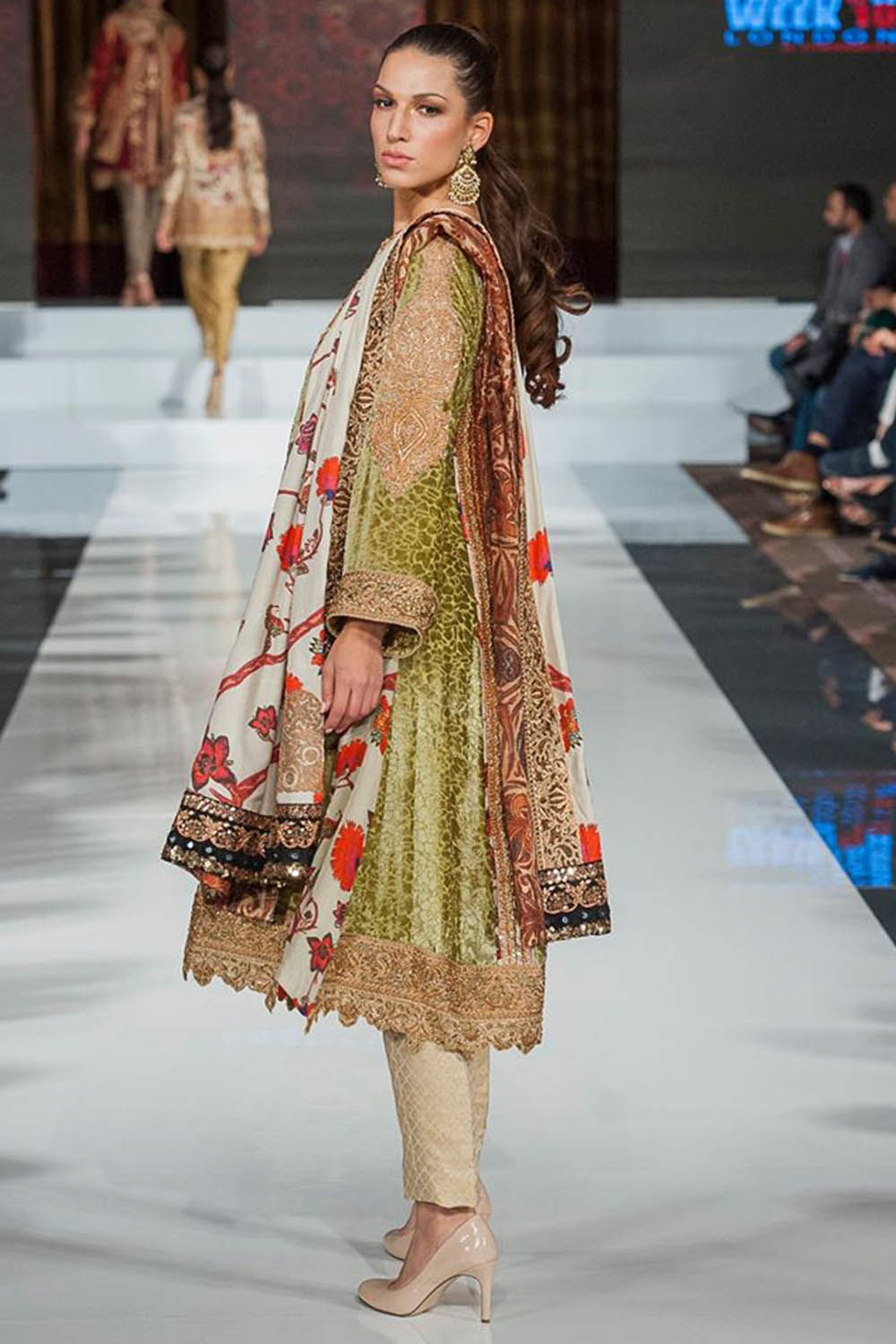 Green Zardozi Embroidered Palachi Velvet Salwar Kameez (3-Piece) - Image 5